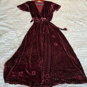 RALPH LAUREN POLO Burgundy Velvet Burnout Floral Wrap Maxi Dress